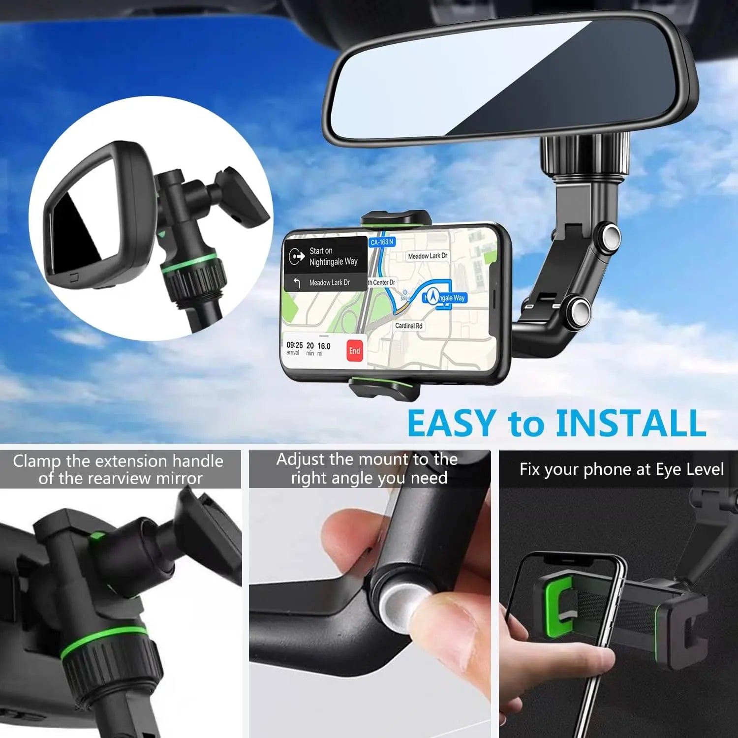 360° Rearview Mirror Phone Holder – Adjustable Car Mount Core Cartel